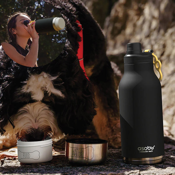 Set de Botella 1Lt Negro + 2 Recipientes de Agua y Comida para Mascotas Acero Inoxidable - ASOBU - Secondary