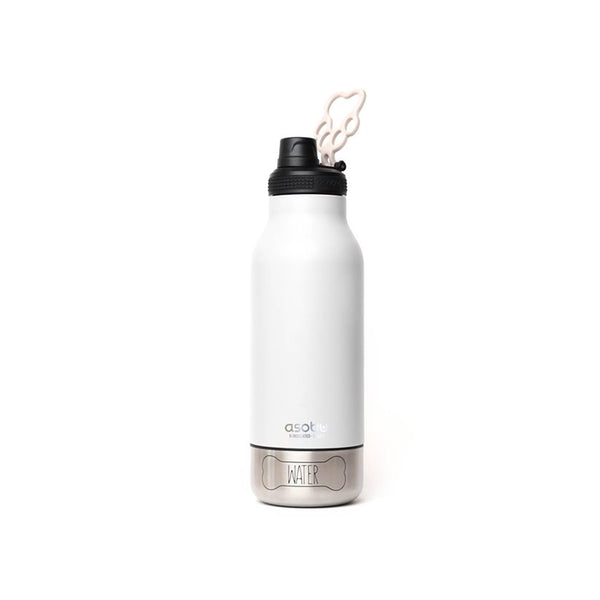 Set de Botella 1Lt Blanco + 2 Recipientes de Agua y Comida para Mascotas Acero Inoxidable - ASOBU