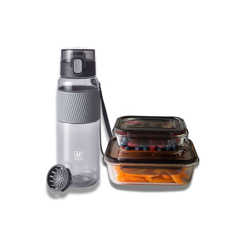 PACK GUSTO: Botella Gris de Tritan de 680 ML + Táper Rectangular de Vidrio de 600 ml y 1.4 lts – ZWILLING - Image 1