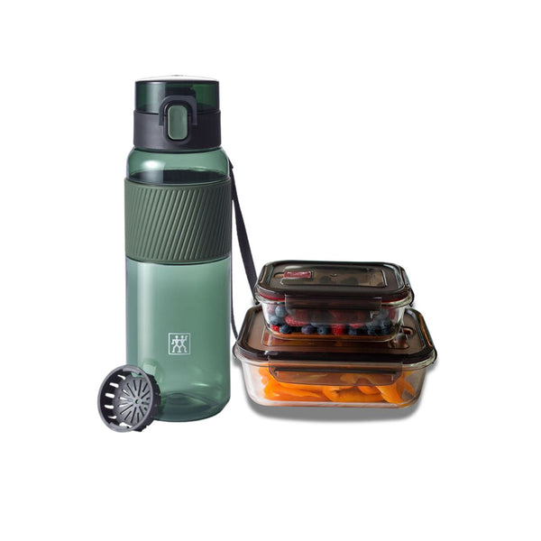 PACK GUSTO: Botella Verde de Tritan de 680 ML + Táper Rectangular de Vidrio de 600 ml y 1.4 Lts – ZWILLING