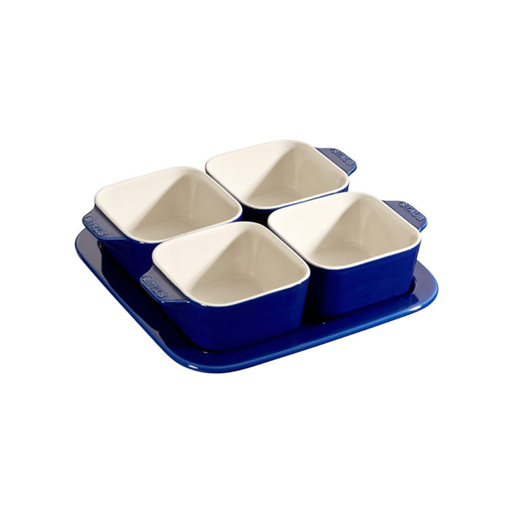 Set de 4 Ramekin y Plato de Servir de Cerámica Azul - STAUB - Gallery 1