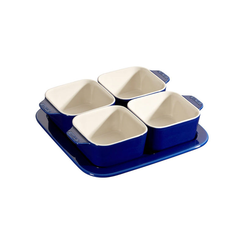 Set de 4 Ramekin y Plato de Servir de Cerámica Azul - STAUB - Image 1